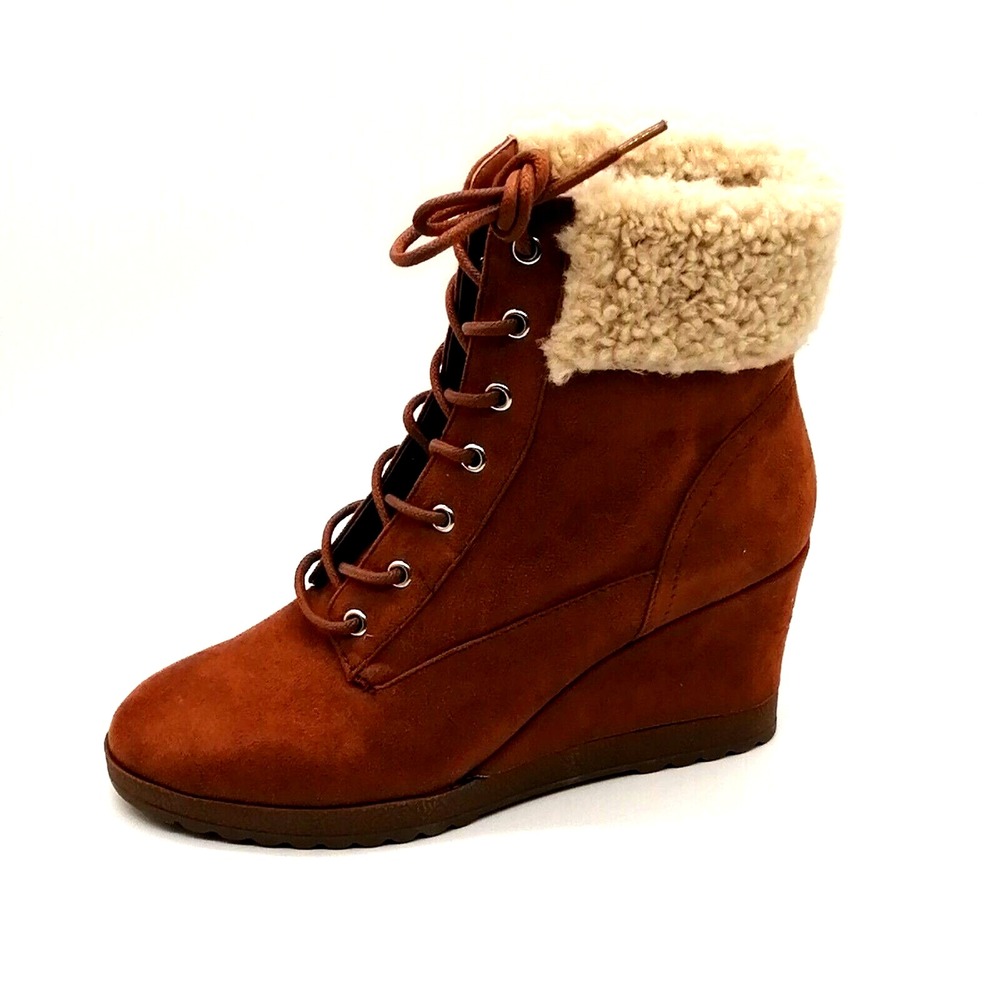 Midnight Velvet Womens Boot Brown Lace Up Faux Fur Lining Trim Wedge EUR 37 NEW